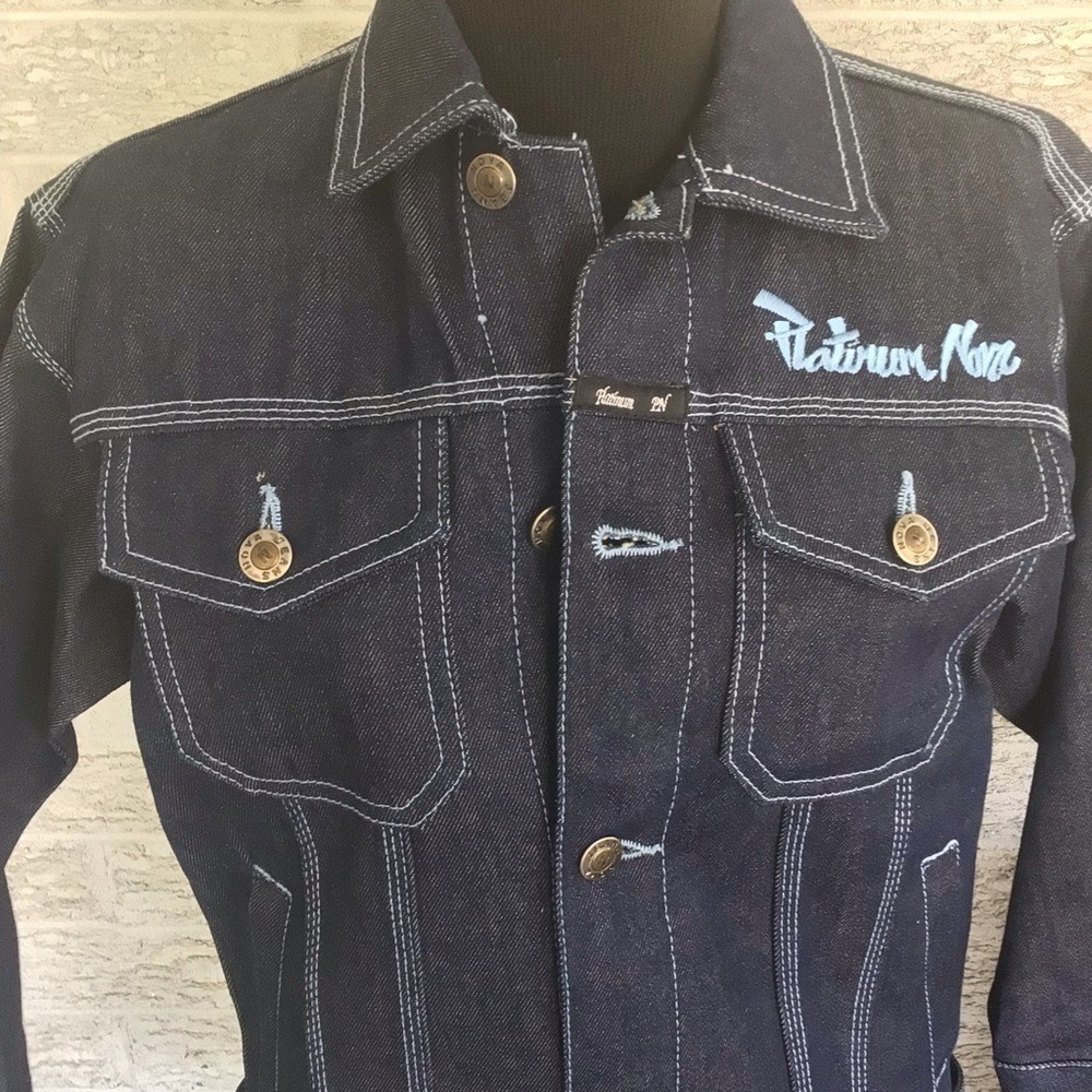 Platinum Nova Jean Boys Large 6/7 Dark Wash Denim Jacket Embroidered Hip Hop Y2K - Picture 2 of 14